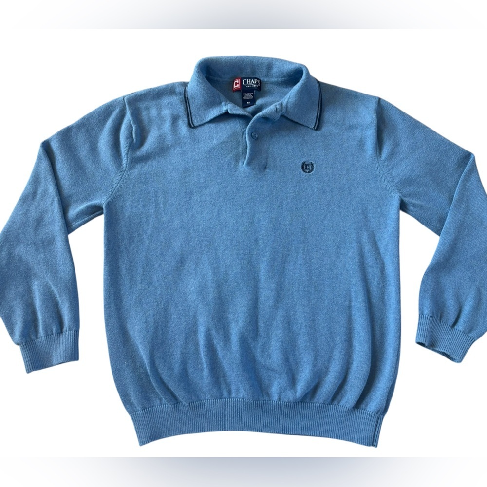 Chaps Blue Cotton Knit Polo Collared Quarter-Buttoned Sweater Men’s Medium